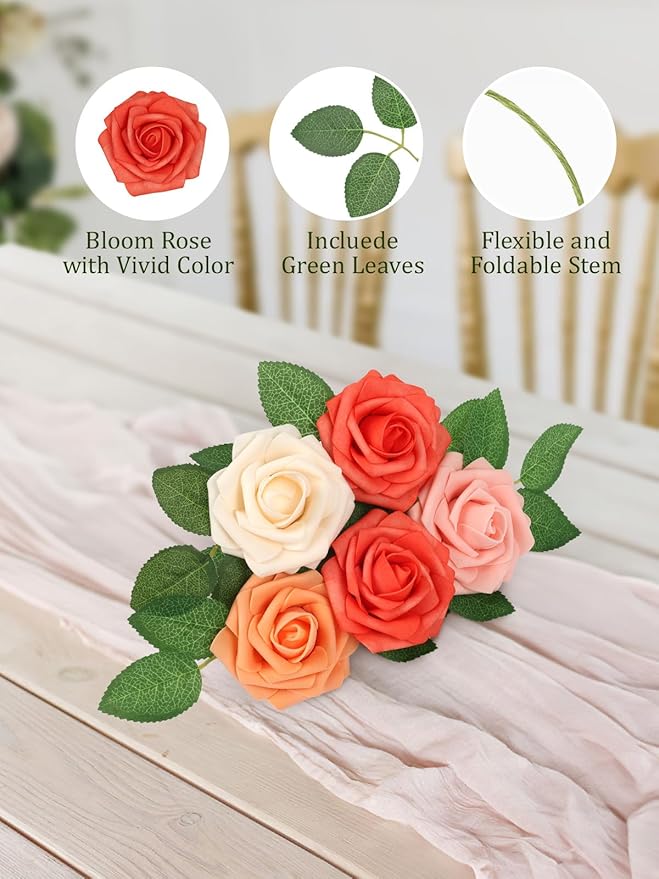 MACTING 30PCS Artificial Rose Flowers Real Touch Fake Flowers with Stem Foam Roses for DIY Wedding Bouquet Table Centerpieces Party Baby Shower Home Party Spring Mothers Day Decor(Mix Coral Series)