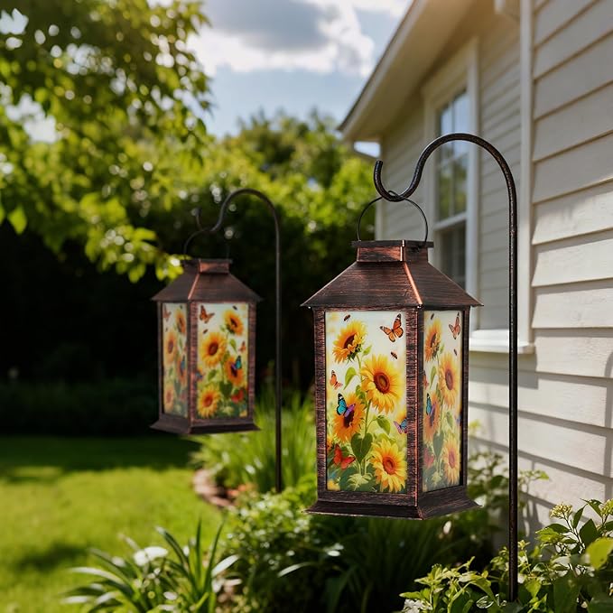 Homemory Hanging Solar Lanterns Outdoor Waterproof, Solar Sunflower Lights with LED Flickering Flameless Candles, Gifts for Women Mom, Outside Lantern Decoration Garden Yard Patio Lawn Porches Park