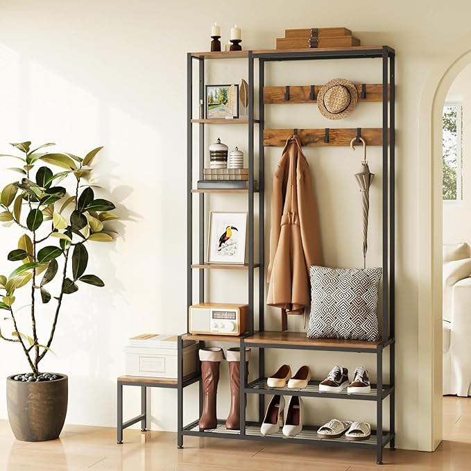 Hall Tree with Shoe Storage Bench Coat Rack with 7 Hooks Interchangeable 4 Tier Side Storage Shelves Small Cute Side Bench Industrial 5-in-1 Entryway Coat Rack for Hallway Mudroom Bedroom