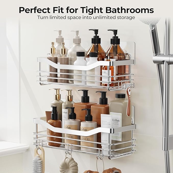 Orimade Shower Caddy Basket Shelf Storage Rack Pack of 2, No Drilling Wall Mounted Adhesive Rust Proof Stainless Steel Shower Organizer with 5 Hooks for Bathroom, Toilet, Kitchen