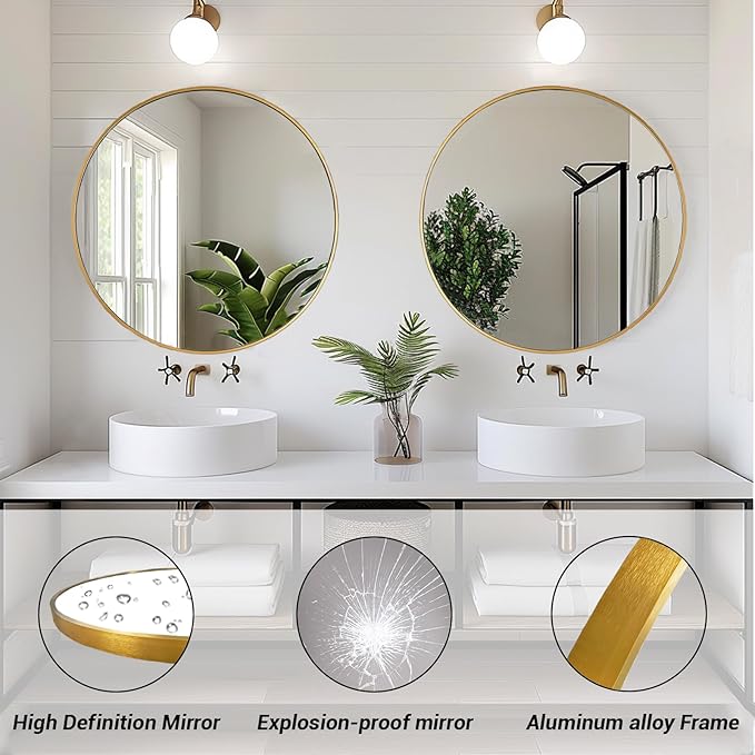Gold Round Mirror 16 inch, Small Round Mirror, Gold Circle Mirrors, Metal Frame Circle Mirrors for Bathroom, Bedroom, Vanity, Wall Decor.
