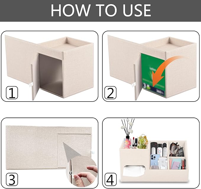 Plus Size Tissue Box Cover-Square Linen Tissue Cover with Side Storage and Tray,Modern Makeup Organizer,Leather Tissue Holder Decorative Cube Organizer for Living Room Vanity NightStand Office,Beige