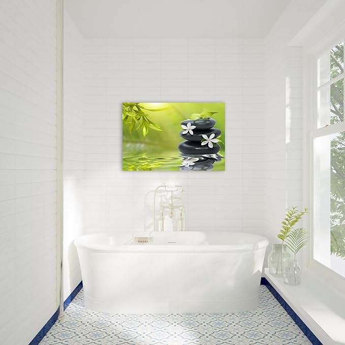GUTTATY Zen Wall Art Decor, Modern Bathroom Zen Decor Wall Art, Canvas Wall Art for SPA Zen Room Decor, Green Bamboo Leaves and Pebble Relaxing Zen Art Prints for Office & SPA Wall Decor 12x18 Inches