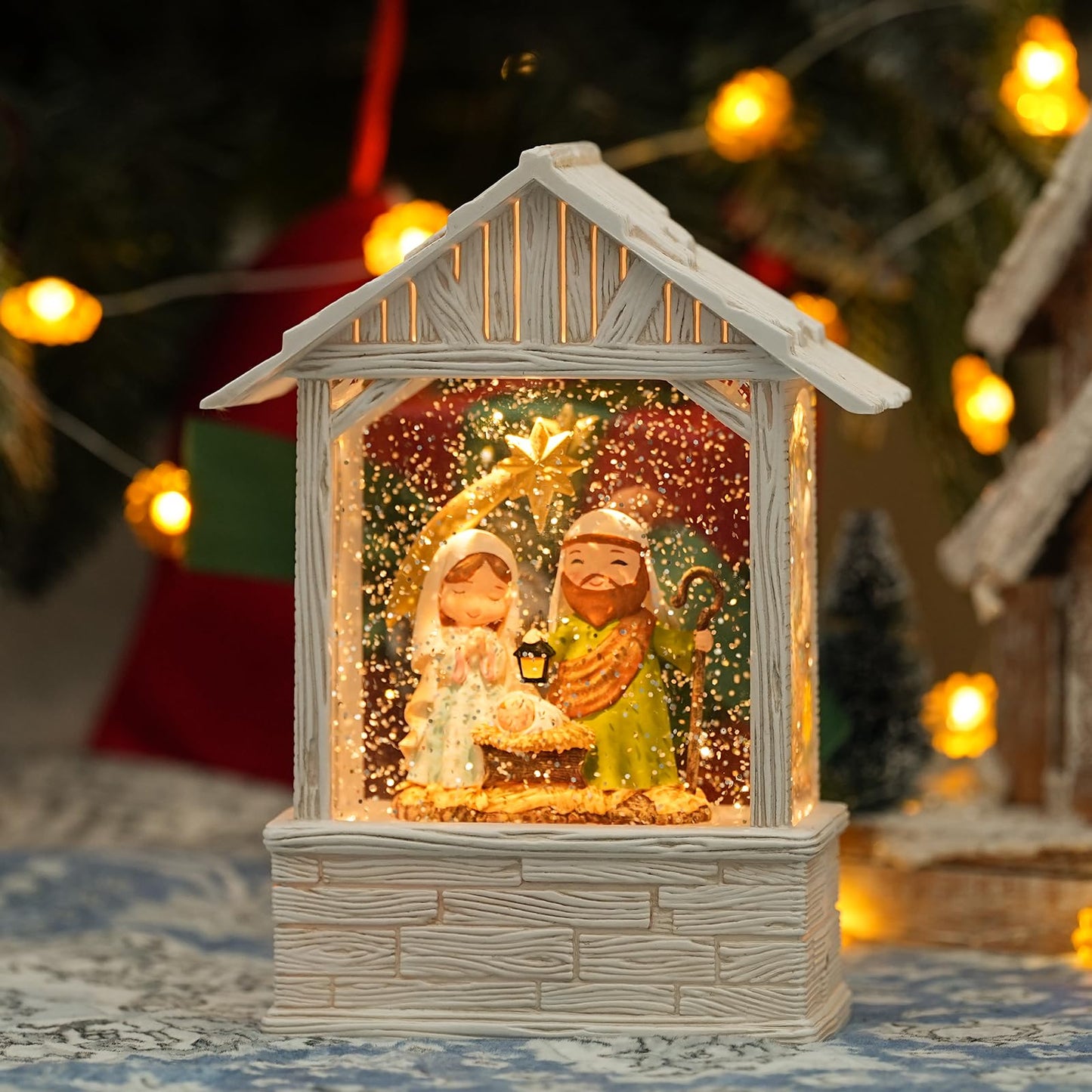 Nativity Christmas Snow Globes, Light up Snow Globe Christmas with Music, Nativity Scene Snow Globe Lantern Indoor Home Decor, 8" Christmas Glitter Snow Globes with Timer, USB Cord & Battery Operated