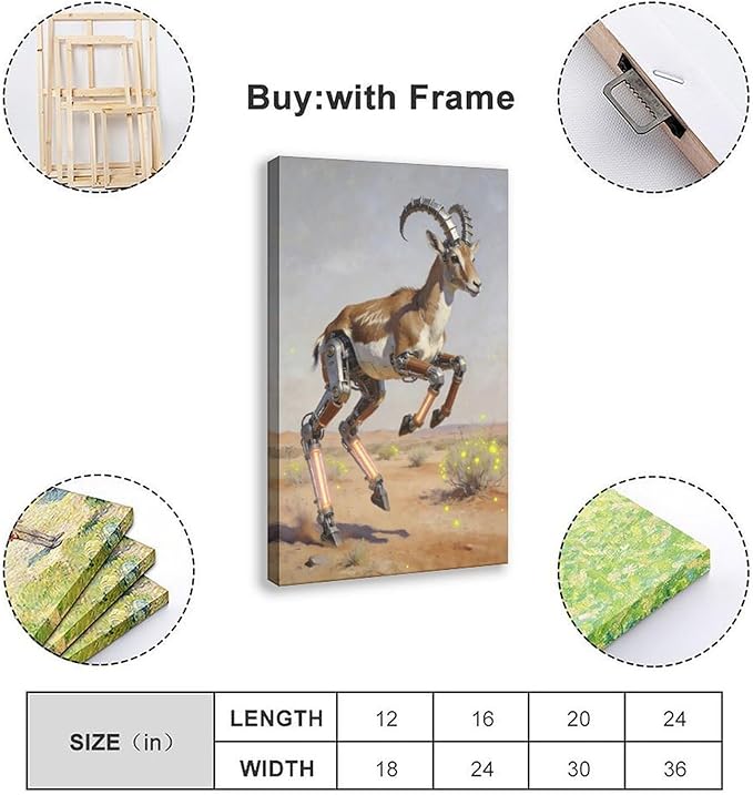 Framed Steampunk Mechanical Antelope Wall Art - Desert Futuristic Poster for Loft Living Room Decor 12x18inch(30x45cm)