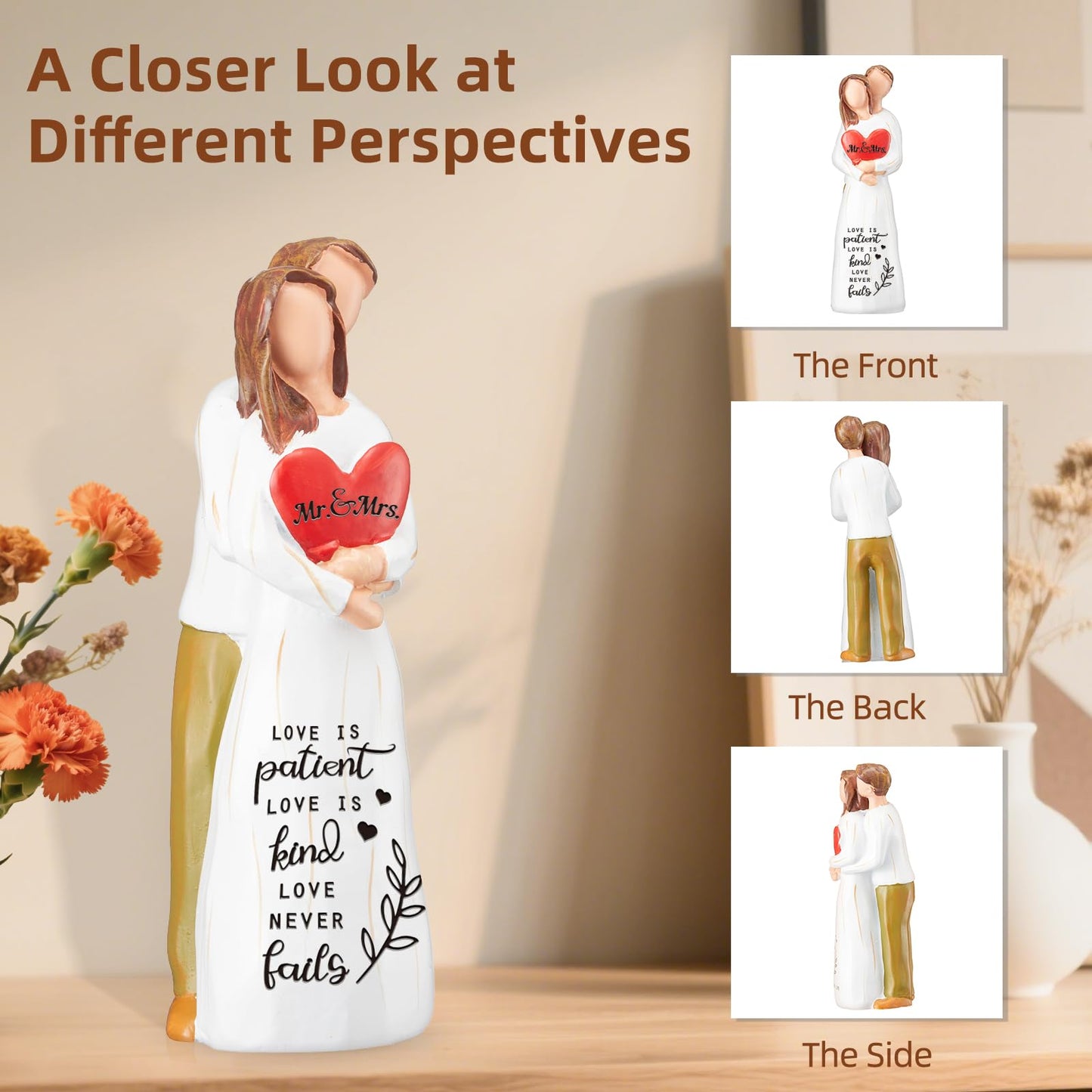 Wedding Gifts for Couple,Bridal Shower Gifts,7" Mr and Mrs Couple Figurine,Engagement Gift for Couples,Love is Patient Love is Kind Sculpted Hand-Painted Figure Gift for Husband Wife