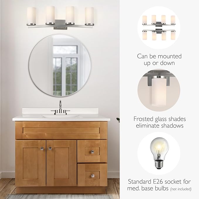 Design House Desta Vanity Light, 4-Light, Curved Bar Design, Frosted Glass Glow, Dimmable, Up/Down Mountable, E26 Socket, Satin Nickel, 30.0 in L x 6.6 in W x 9.5 in H, 589168-SN