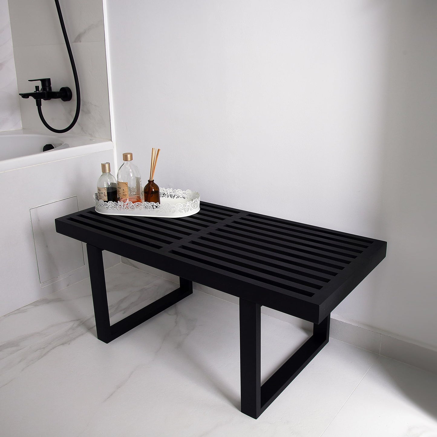 Bamboo Nelson Slat Wooden Bench, Small Wood Benches for Entryway, Living & Dining Room, Kitchen, Bedroom, Bathroom, Hallway, Front Door, For Indoor & Outdoor Patio Use, Mid Century Modern Decor