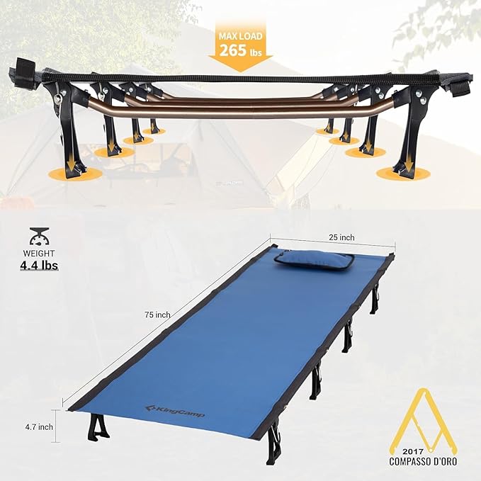 KingCamp Ultralight Camping Cot, Portable Folding Cots 265lbs Heavy Duty Sleeping Bed with Pad Pillow for Adults Outdoor Backpacking Travel Hiking, Blue/Black