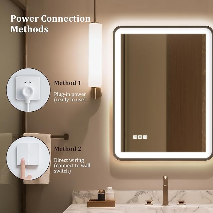 24"X32" LED Bathroom Mirror with Lights, Mirror for Bathroom Wall with Frontlit and Backlit,IP54 Enhanced Anti-Fog,Bathroom Vanity Mirror 3 Colors Dimmable CRI>90 Double Lights,Tempered Glass(R-Angle)