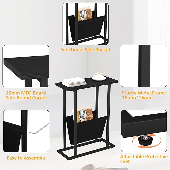 Yusong Narrow Side Table for Small Spaces, Small End Table with Magazine Holder, Skinny Slim Little Thin Table for Living Room, Bedroom, Sofa, Black Oak
