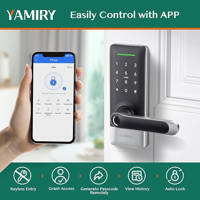 Smart Door Lock, Biometric Fingerprint, Keyless Entry, App Control, 6 Ways to Unlock, DIY Installation (Silver)