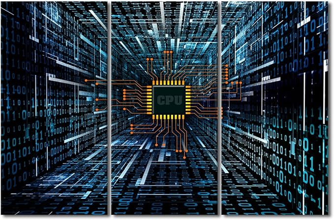 3 Panel Canvas Wall Art for Bedroom Computer Chip Wall Art for Living Room CPU Concept Wall Art Decor Electronic PC Abstract Artwork Rustic Decor for Home Walls Giclee Framed Ready to Hang(28"Wx42"H)