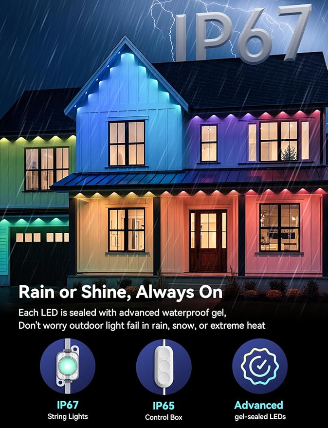 Permanent Outdoor Lights, 100ft RGB+IC Smart Outdoor Lights for House with 50 LED, IP67 Waterproof LED Light for Outdoor Decorations, Work with Remote, APP
