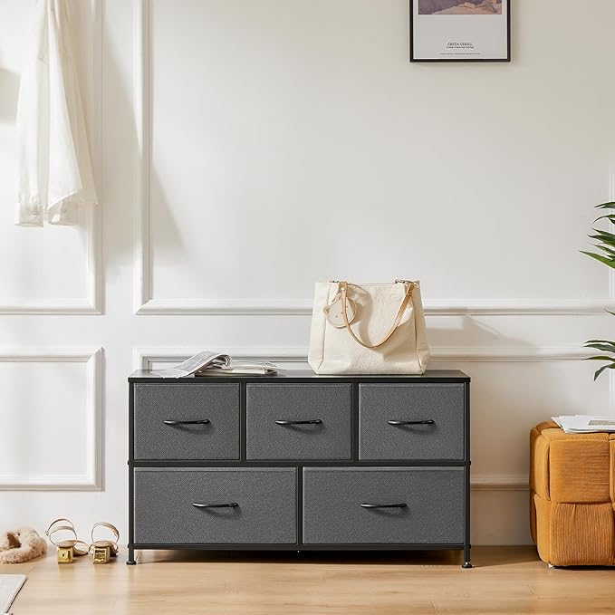 OLIXIS Dresser for Bedroom, 5 Storage Drawers, Wide Fabric Closet Chests Organizer Tower Furniture, TV Stand with Wooden Top Metal Frame for Clothes, Living Room, Hallway, Entryway, Classic Grey