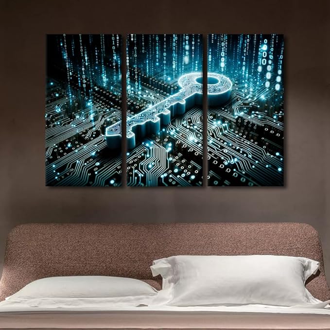 TUMOVO Wall Art for Living Room 3 Panel Key on Circuit Board Background with Binary Code Poster for Home Wall Decoration, Security Concept Posters and Prints, Ready to Hang, 60" Wx40 H