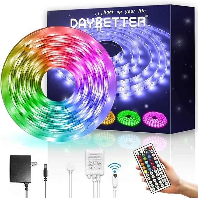 DAYBETTER Waterproof Led Lights for Bedroom, 16.4ft Led Strip Lights, 150 LEDs Color Changing RGB 44 Keys Remote Controller, 12v for Outdoor Room Home Party Christmas Decoration