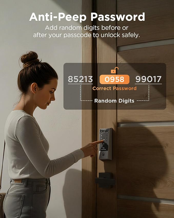 TCL Palm Vein Smart Lock D2 Pro, Wi-Fi Keyless Entry Deadbolt Door Lock, Built-in Doorbell, Key Fob, App Control, Auto Lock, Rechargeable Battery, Works with Alexa & Google Lock for Front Door