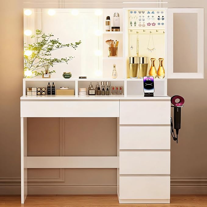 Vanity Desk with LED Lights Mirror, Makeup Table with Power Outlet for Ladies and Girls, 35.43" RGB Light Makeup Desk with 6 Storage Drawers for Bedroom, White 2