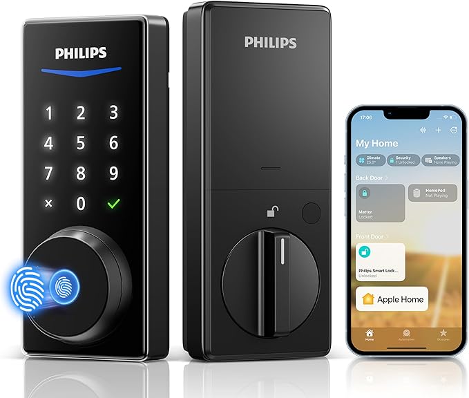 Philips Smart Door Lock with Apple Home, Matter Over Thread, Keyless Entry Door Lock with App Remote Control, Touchscreen Fingerprint Front Door Lock Set, Deadbolt Lock with Apple Home, Alexa, Google