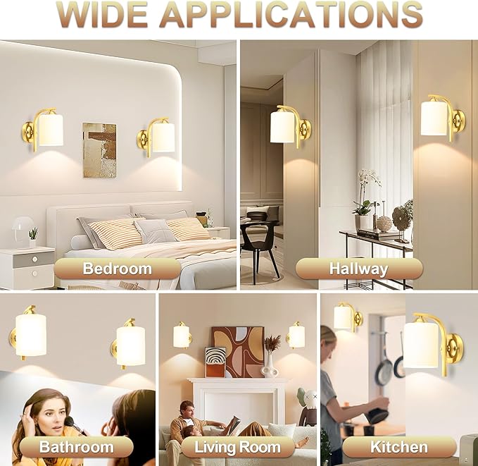 CANMEIJIA Gold Wall Light Fixtures, Wall Sconce 2 Light, Gold Wall Lamp Bathroom Vanity Lightting for Mirror Bedroom Hallway Kitchen Porch, Milky White Glass Shades, E26 Socket, Bulbs Not Included