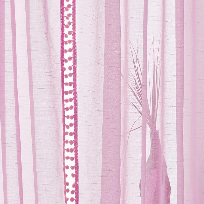Treatmentex Pom-Pom Pink Sheer Curtains for Girl's Room 95 inches Linen Textured Look Red Sheer Window Draperies for Bedroom Living Room, 52" w x 2 Panels, Rod Pocket