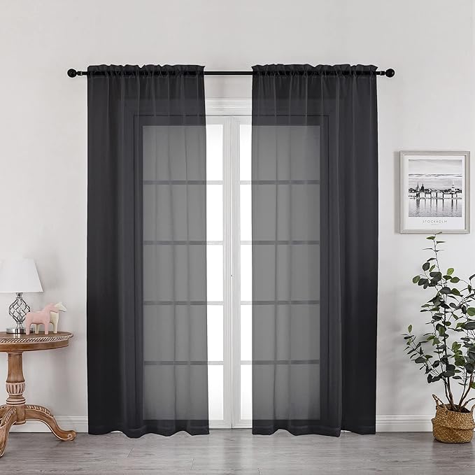 OWENIE Black Sheer Curtains 72 Inches Long 2 Panels, Transparent Voile Sheer Curtain Double Rod Pocket Gauze Drapes for Living Room Bedroom Window Sliding Glass Door Treatment, 42 x 72 Inch