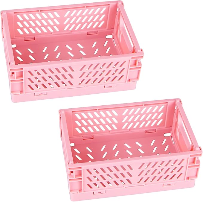 Tixill 2-Pack Mini Foldable Plastic Baskets for Organizing and Storage, Collapsible Storage Crate for Home Kitchen Bedroom Bathroom Office (5.9x3.8x2.2, Pink)
