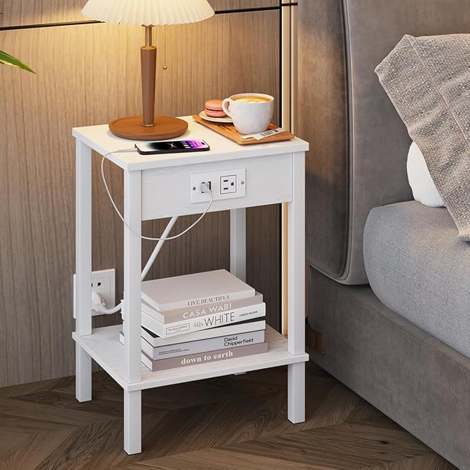 VIMBER Set of 2 End Table with Charging Station, Narrow Side Table with USB Ports and Outlets, Nightstands with 2-Tier Storage Shelves, Sofa Table for Small Space Living Room Bedroom, White UTBT102W2