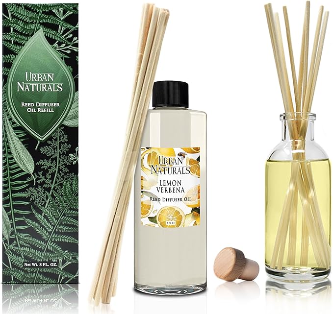 Urban Naturals Reed Diffuser Oil Refill Lemon Verbena with Lemon Zest, Bergamot, Vetiver, Cedarwood 8 oz + Free Reed Sticks, Made in the USA