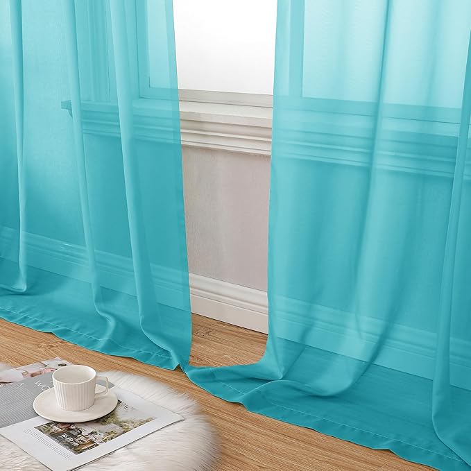 Aiyufeng Turquoise Sheer Curtains 96 Inches Long 2 Panels Set, Light Filtering Soft Airy Voile Rod Pocket Turquoise Sheer Window Drapes for Bedroom Living Room, Each 42Wx96L Inches