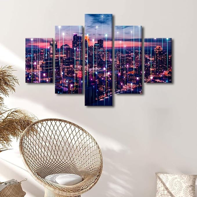 Modern Technology City Canvas Art Metaverse Concept Poster 5 Panel Urban Skyline Poster Big Data Worker Office Living Room Decor Men Home Decor Artwork Frame and Stretched Ready to Hang 60x40 Inch