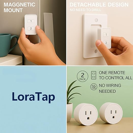 LoraTap Mini Wireless Remote Control Outlet Plug Adapter (2 Pack) with Remote, 2 Channel Wall Switch, 656ft Control Range for Indoor Lamps and Home Appliances, No Hub Required, 10A/1100W, White