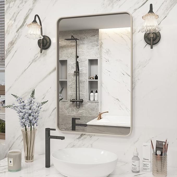 20x30 Inch Brushed Nickel Bathroom Mirror, Brushed Silver Metal Framed Wall Mirror, Rounded Corner Rectangle Modern Vanity Mirror, Tempered Glass, Anti-Rust, Shatterproof (Horizontal/Vertical)