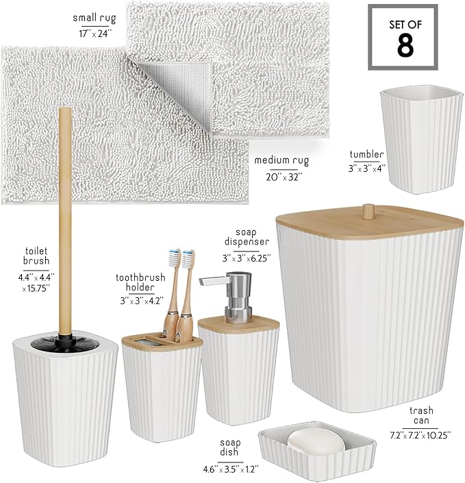 Clara Clark Bathroom Set - White Bathroom Accessories Set, 6PC Bathroom Accessory Set, Bathroom Sets with Bathroom Rugs, Toilet Brush, Trash Can & Soap Dispenser