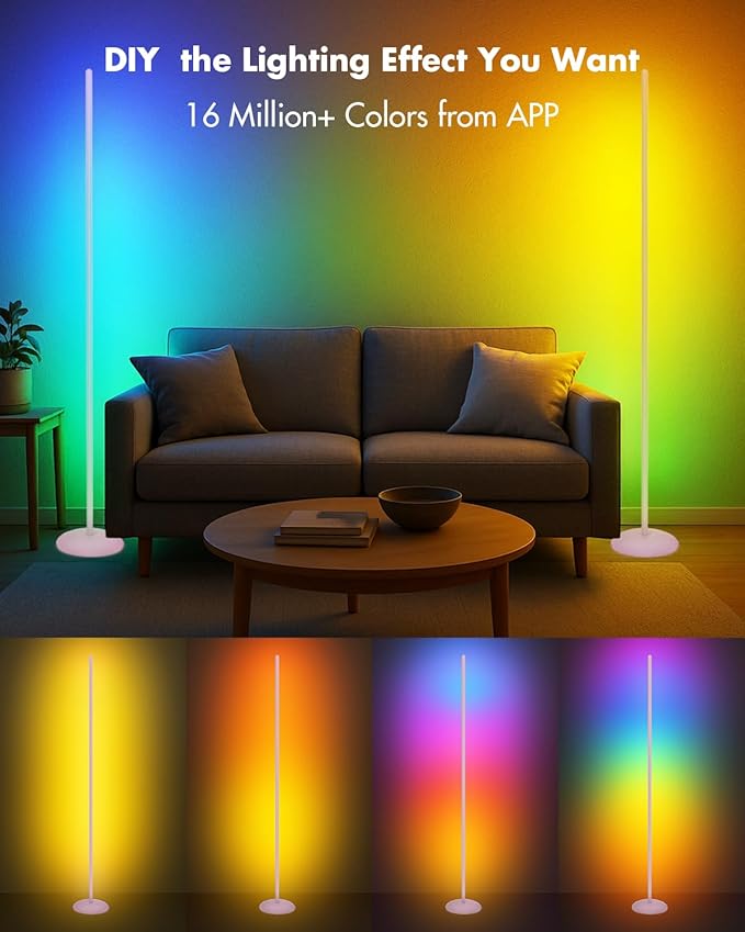 Corner Floor Lamp Silver, Smart RGB LED Corner Lamp with App & Remote, Modern Floor Lamp for Living Room, Bedroom, Color Changing Standing Lamps with 16 Million Colors, Scene Modes, Music Sync