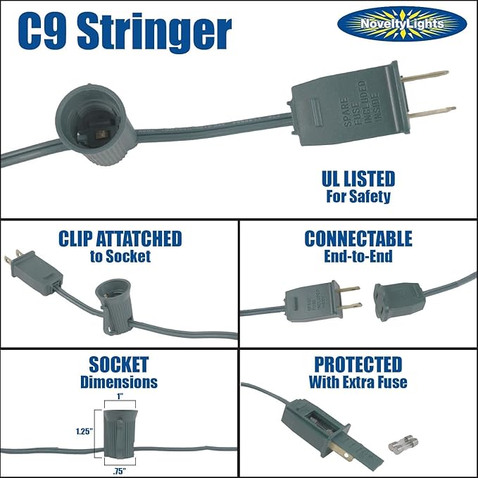 25 Foot C9 Multi Ceramic Christmas String Light Set - Opaque Bulbs - Roofline Light String - Green Wire