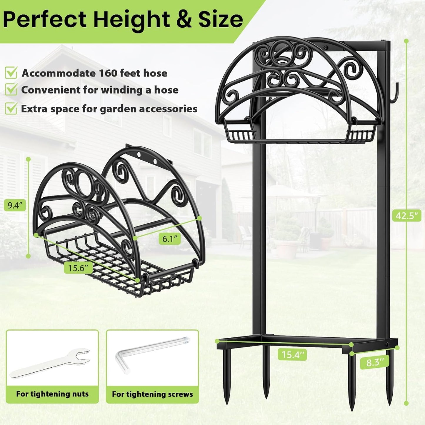 TomCare Garden Hose Holder Upgraded Water Hose Holder with Storage Basket Heavy Duty 4 Spikes Hose Hanger Holds 160 Feet Hoses Stable Freestanding Hose Storage Organizer for Outside Yard