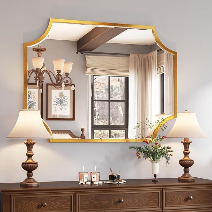 Kelly Miller 30"x40" Large Gold Bathroom Mirror for Wall, Gold Scalloped Vanity Mirror Bevelled Framed Decorative Mirror for Master Bath Half Bath Entrance Hallway Bedroom Living Room Fireplace Mantle