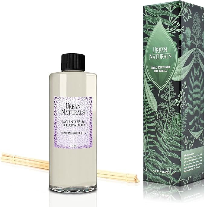 Urban Naturals Reed Diffuser Oil Refill Lavender Cedarwood with Warm Wood, Spa-Inspired Notes 8 oz + Free Reed Sticks, Made in the USA