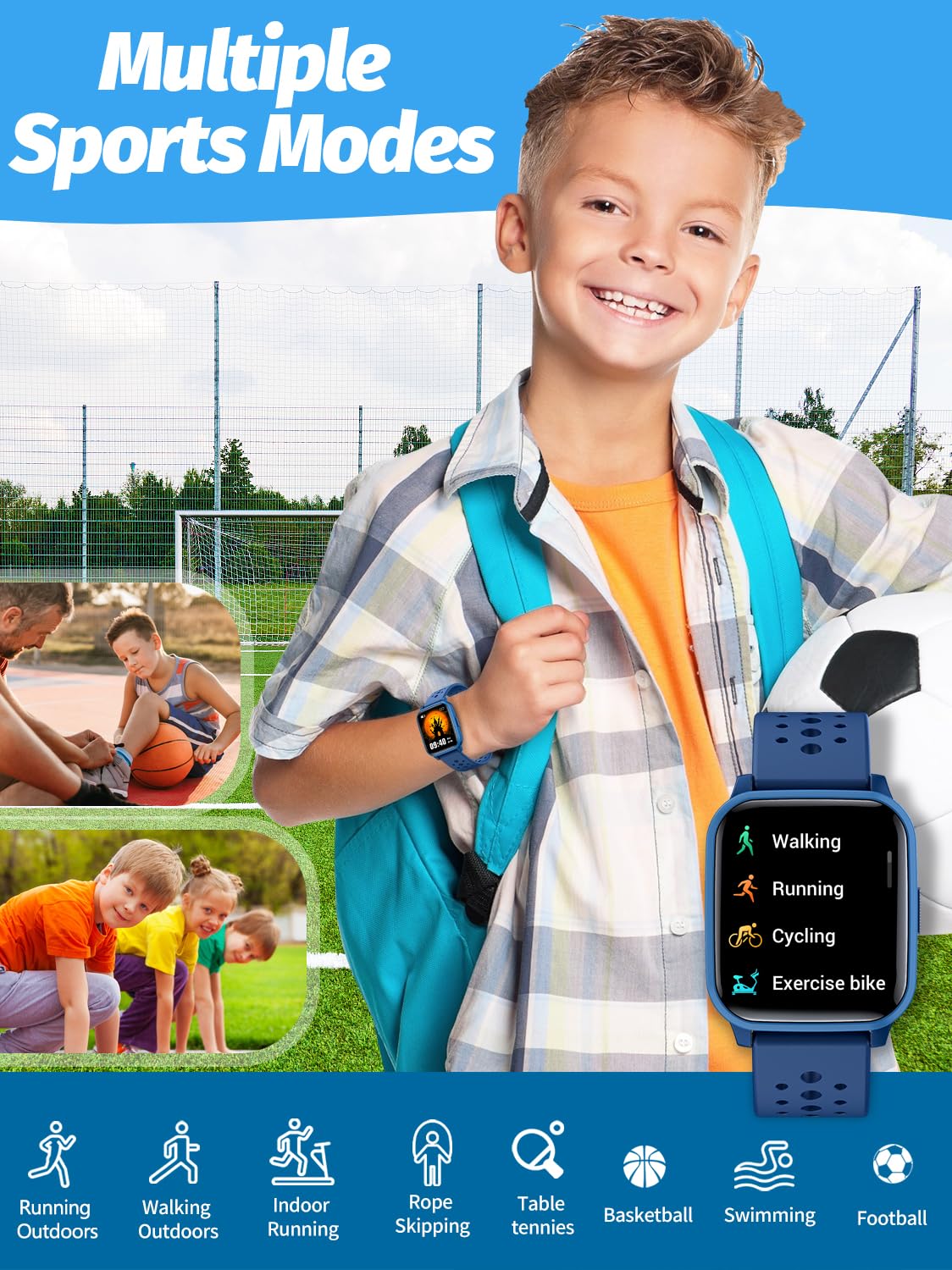 Butele Kids Smart Watch, Smart Watch for Kids 4-16 Years Old with Sleep Mode, 19 Sports Mode, Pedometer, Birthday Gift for Boys Girls, Blue