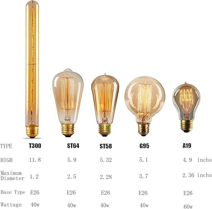 GOENDR T300 Long Light Bulb, E26 Base Amber Vintage Edison Bulb, Dimmable Tubular Unique Decorative Filament Light Bulb for Wall Sconces & Pendant Lantern Industrial Fixture Pendant Lamp(4 Pack)
