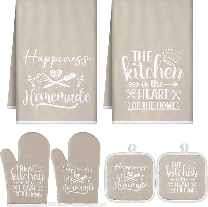 Sratte 6 Pcs Kitchen Decor Accessories Set Farmhouse Towels Pot Holders Oven Mitts Set 2 Dish Towels 2 Potholders 2 Cooking Mittens Oven Glove for Christmas Baking Cooking Supply(Beige,Kitchen)