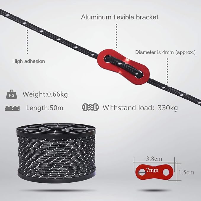 HIKEMAN 50m Reflective Guyline Solid Braid Nylon Camping Rope with Aluminum Adjuster Cord Tensioner Tent Accessory for Outdoor Travel,Hiking,Backpacking and Water Activities (Black, 4mm)