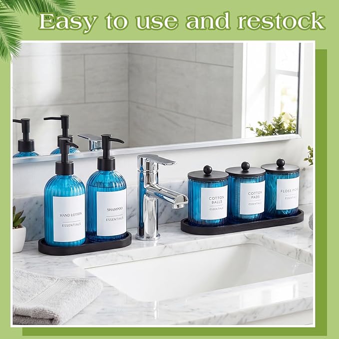 Yaomiao 5 Pack Bathroom Accessories Set, Modern Bathroom Decor Sets, Glass Liquid Soap Dispenser, Vanity Tray, Toothbrush Holder, Cotton Swab Jars with Lids for Sink Countertop(Blue,Striped)