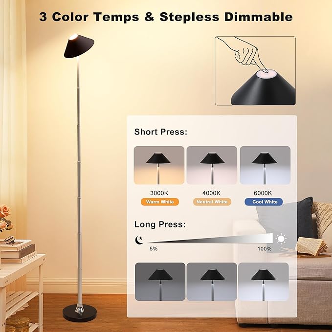 Rechargeable Floor Lamp for Indoor/Outdoor, Cordless Tall Standing Lamp with 3 Color Temps & Dimmable, IP43 Waterproof, Adjustable Height 16-56 Inch, Portable Pull-Up Lamp for Camping, Patio(Black)