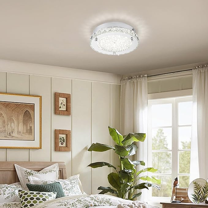 Flush Mount Crystal Ceiling Light Modernn Ceiling Mounted Light Hallway Light Fixtures LED 4000K Round Ceiling Light 8 Inch for Small Space, Bedroom, Foyer, Entryway, Bathoom, Kitchen