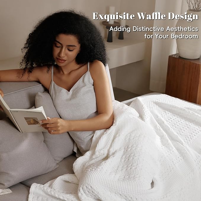 PHF 100% Cotton Waffle Weave Blanket Queen Size for Bed, Soft Lightweight & Breathable, All-Season Comfort, Luxury Aesthetic Woven Bedding for Home Decor, 90"x90", White