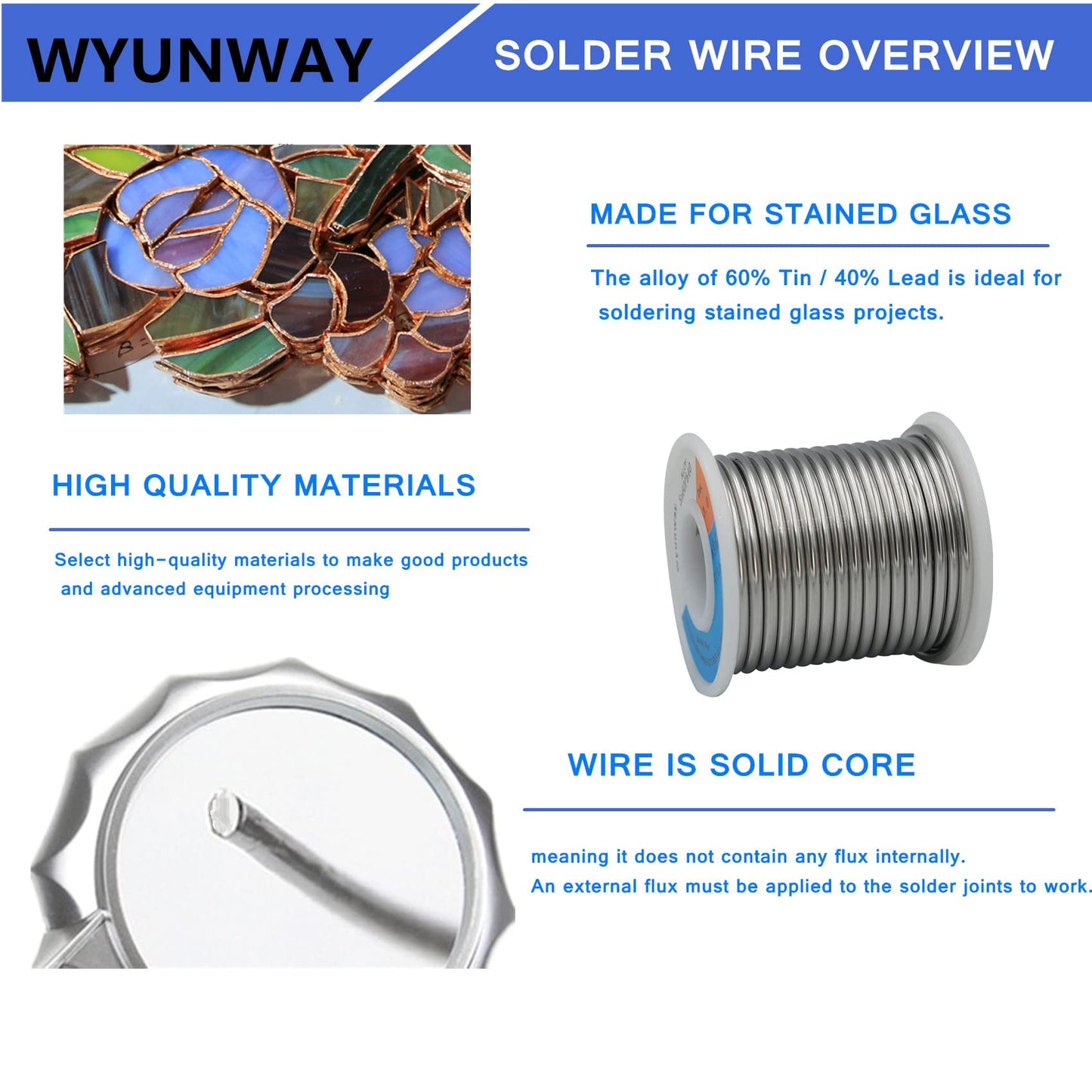 wyunway 60/40 solder for stained glass solder wire (450g(1LB)，1/8"(3mm) Dia"