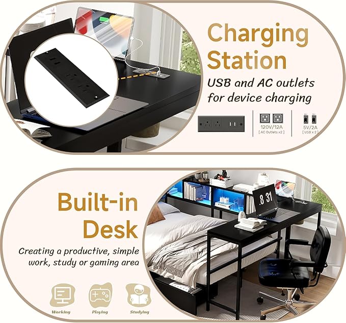Twin Corner Bed Frame with Desk, LED Lights & Charging Ports, L-Shaped Daybed with Storage Drawers, Bookcase & Open Shelves, Modern Twin Size Daybed for Kids, Teens & Compact Bedrooms,Black